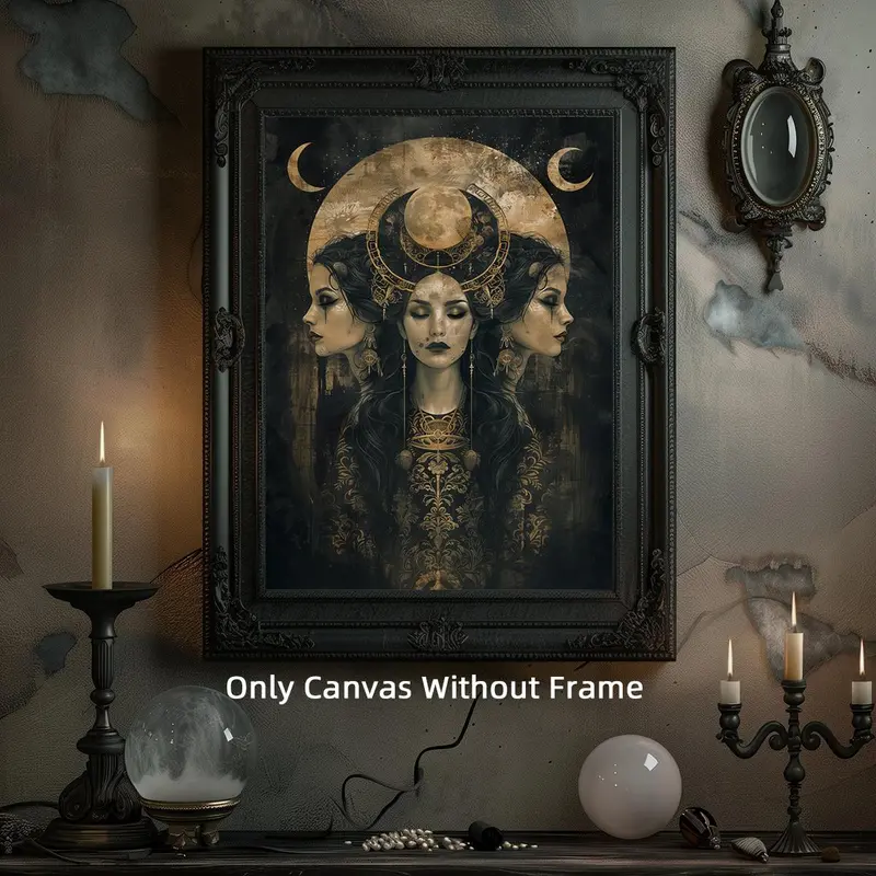 Triple Moon Goddess Canvas Poster, Creative Design Print, Pagan Witch Decorative Wall Art, Aesthetic Room Decor, Moon Sign Home Decor, Witchcraft Poster, Artwork Wall Painting for Gift, Ornaments