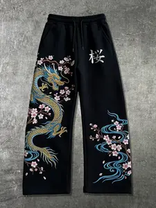 Men's Japanese Dragon & Cherry Blossom Graphic Print Baggy Pants, Y2K Streetwear Drawstring Wide Leg Sweatpants, Asian Aesthetic Street Fashion #JapaneseStreetwear #Y2KFashion #GraphicPants #AsianAesthetic #TikTokMadeMeBuyIt