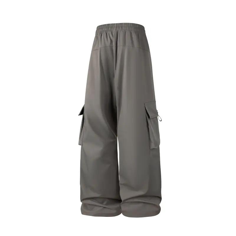 Men's Black Plain Wide-Leg Cargo Pants - Lightweight Drawstring Waist, Multiple Snap-Button Cargo Pockets, Deep Pockets, Label Detail, Breathable Non-See-Through Fabric, Streetwear Utility Trousers, Ideal for Street Style & Casual Outings, Cargo Pockets M