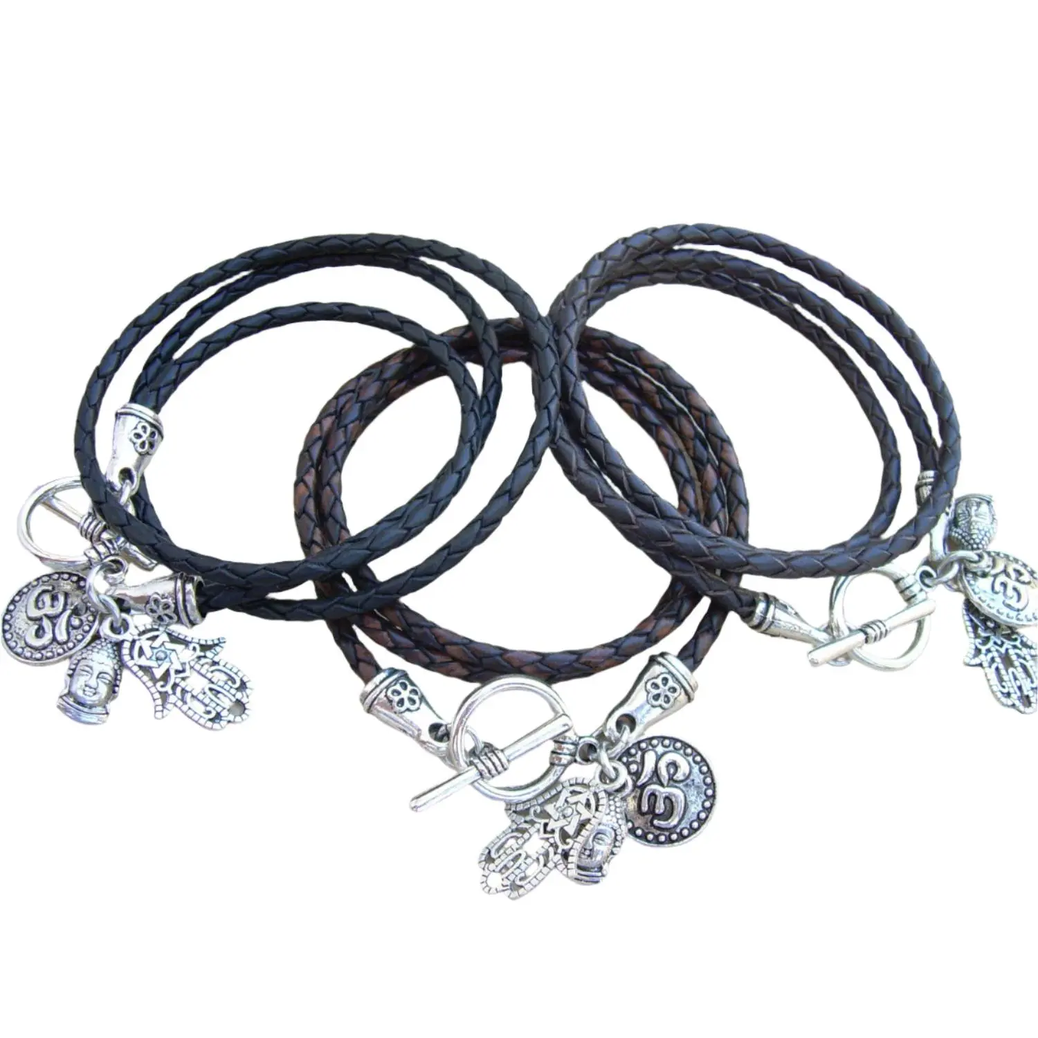 Womens Leather Charm Bracelet – Adjustable Multi-Charm Wristband – Black, Dark Brown, Antique Brown