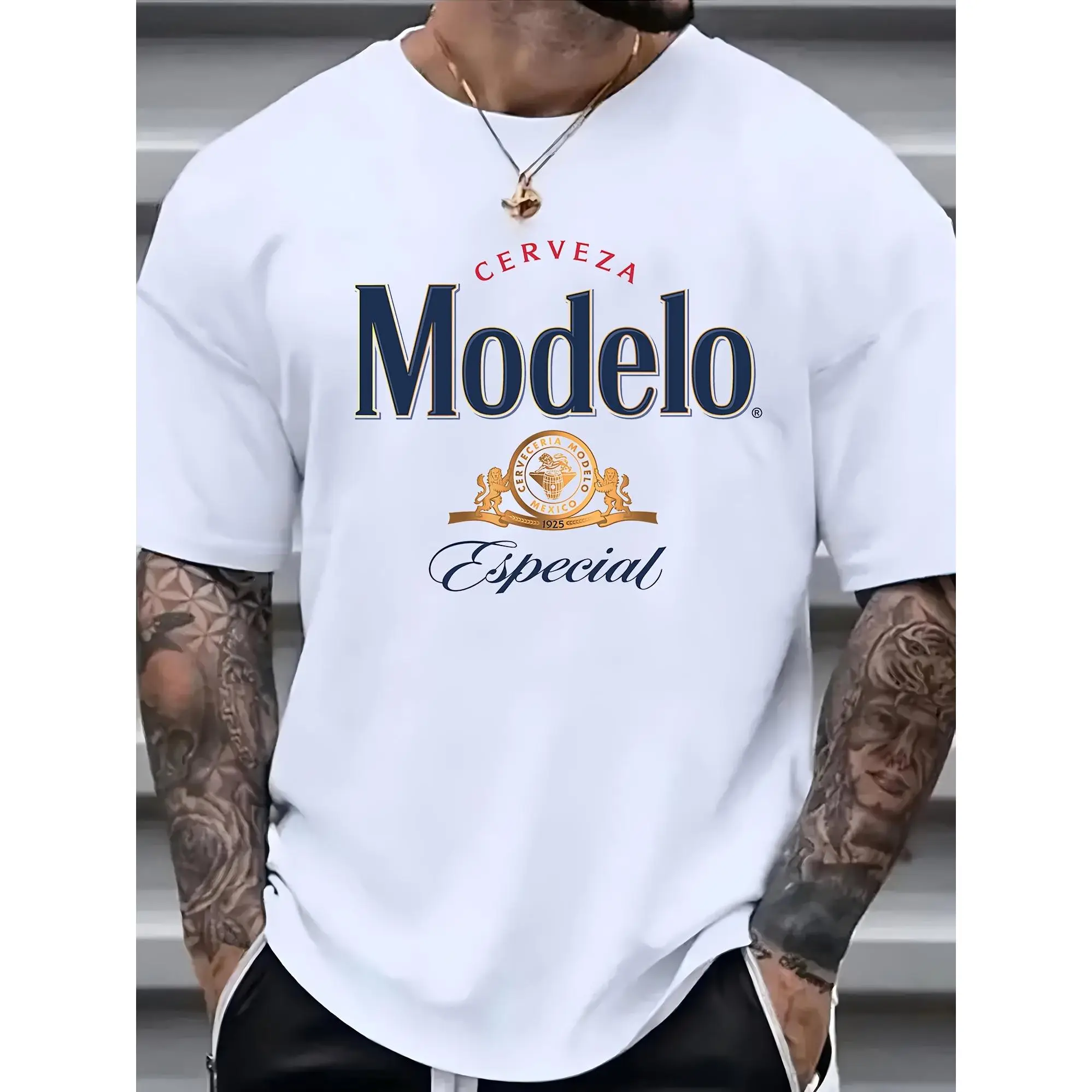 Modelo Men's Premium Cotton T-Shirt - Casual crew neck, short sleeves, unique print design, breathable, suitable for washing machine - White