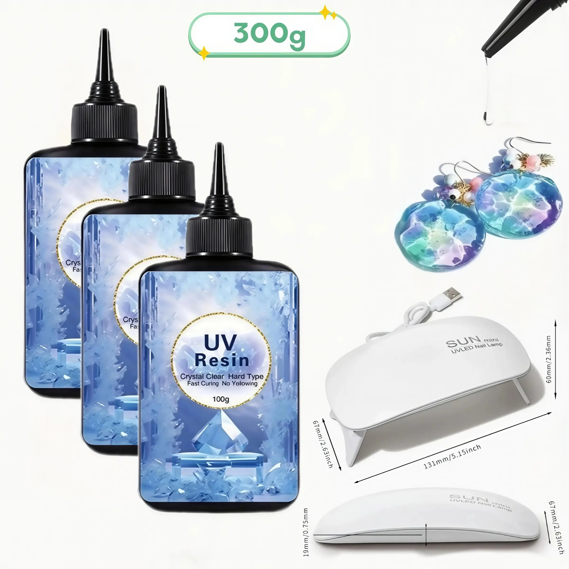 Handcraft UV Resin Kit for Jewelry Making Supplies, Diy Craft Set, including 300g UV resin and a curing lamp, transparent, hard, low-viscosity, shrink-free, ideal for making pendants, charm necklaces, jewelry casting, silicone molds