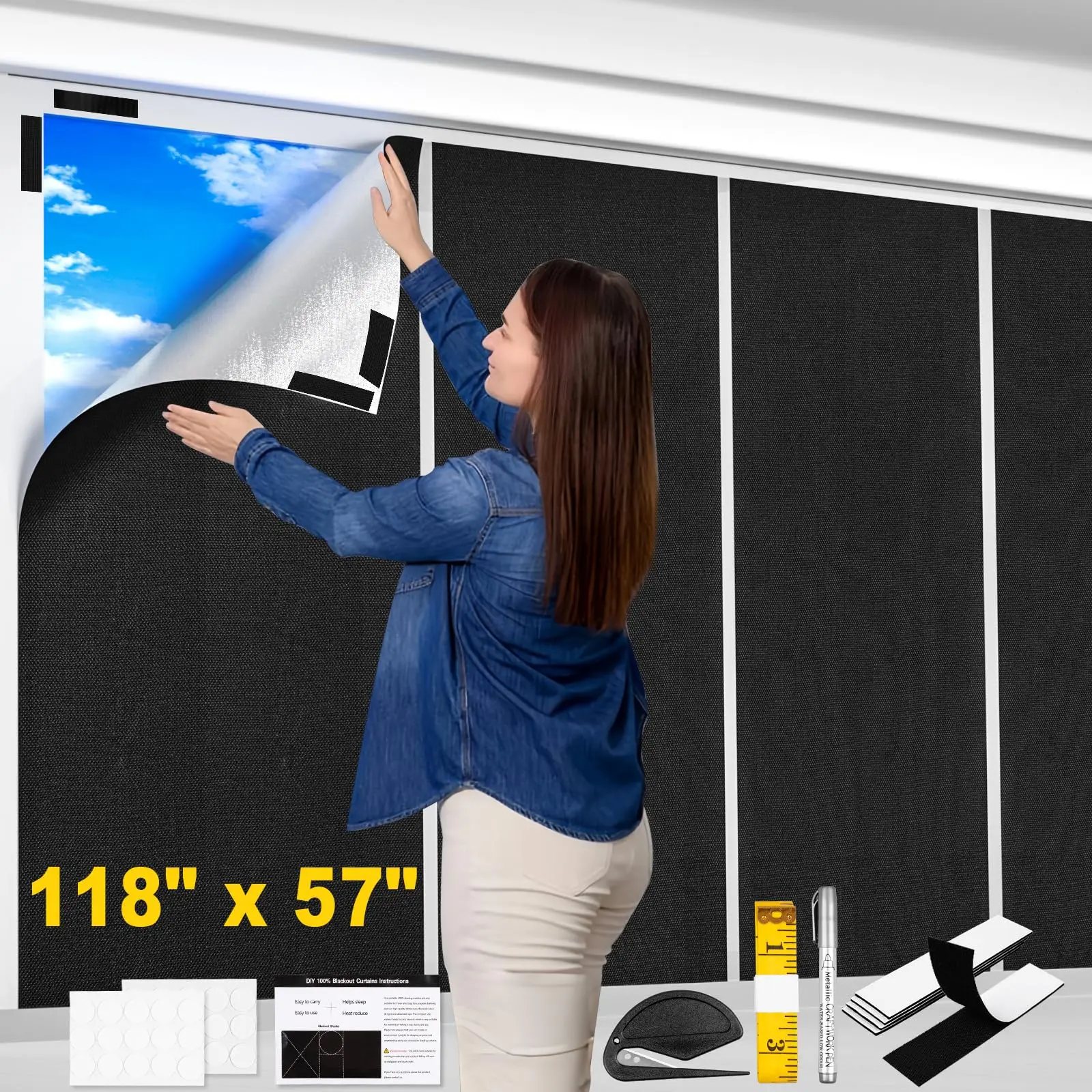 Blackout Window Cover  118x57 Inch Portable Blinds No Drill Shades Cuttable Temporary Black Out Curtains For Bedroom Travel Dorm Home Rv Media Room Darkening