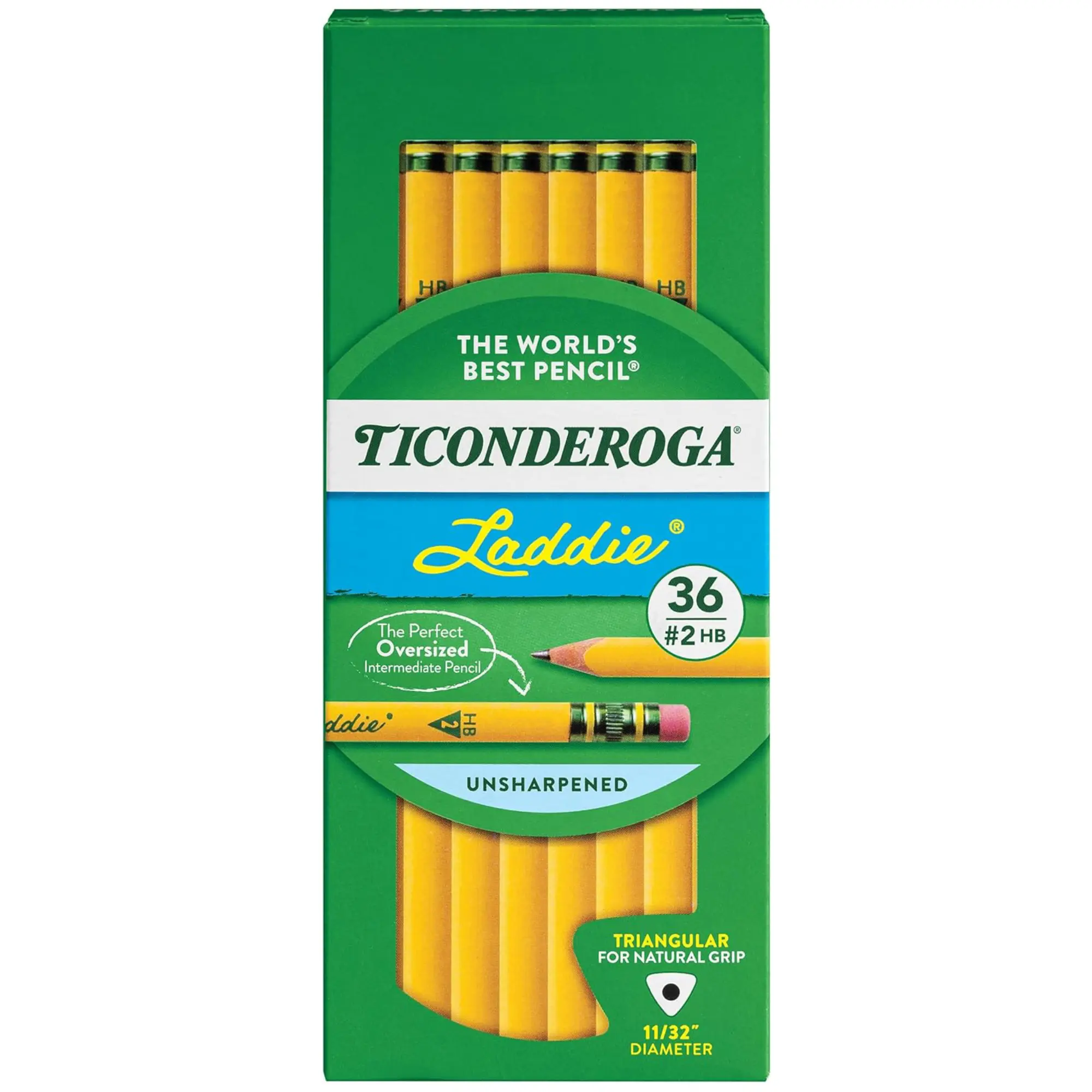 Ticonderoga Tri-Write Triangular Graphite Pencils for Laddie, #2 HB Lead, Yellow, With Erasers, Smooth Writing, Pack of 36