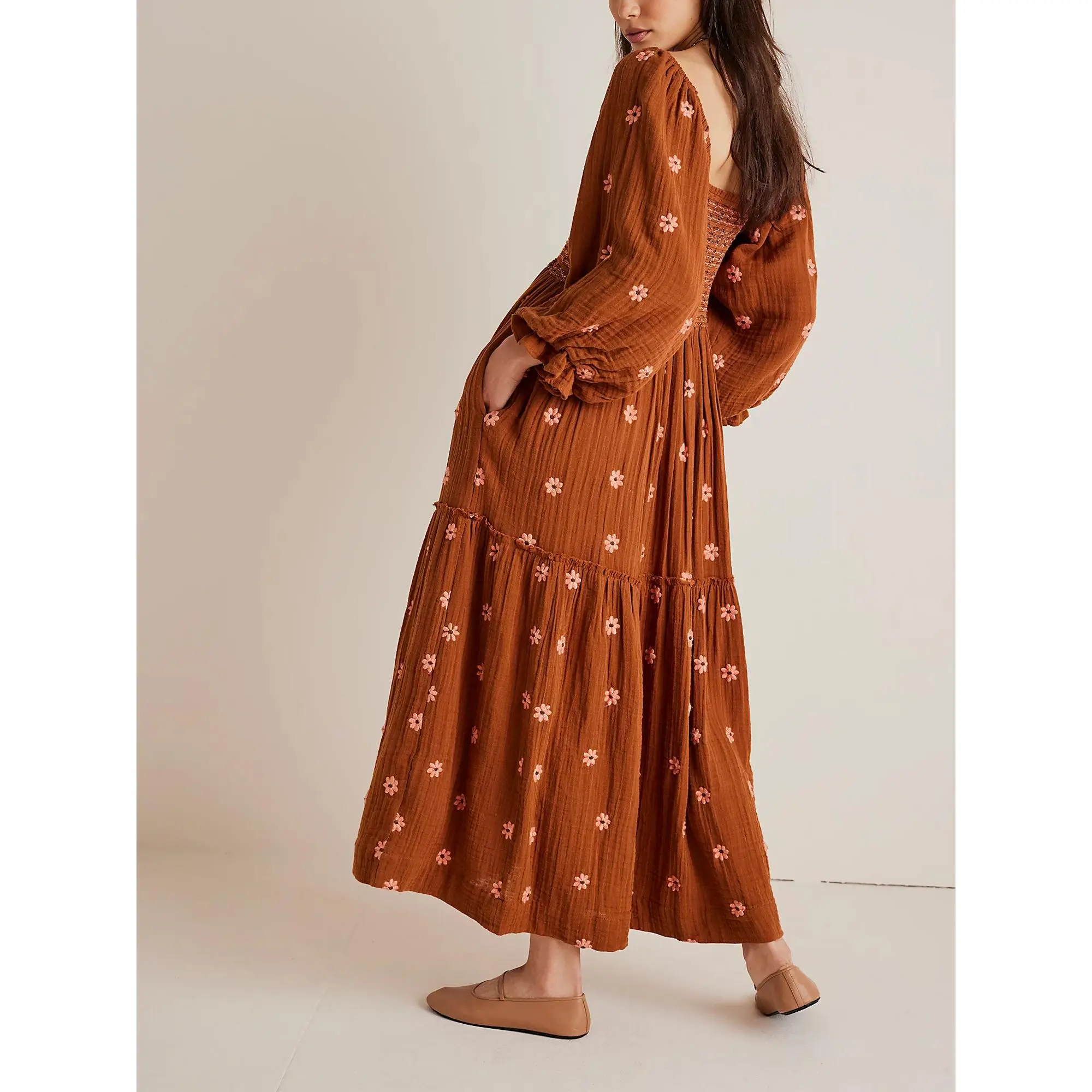 Women Long Dress, Long Sleeve Dress Square Neck Embroidery Flower Loose Swing Dress