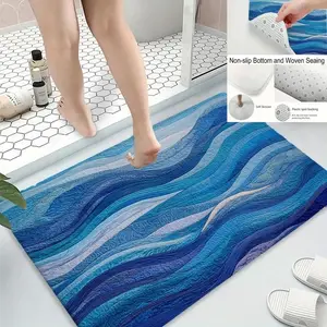 'Rich Blue Wavy Pattern Bath Mat, Machine Washable Non-Slip Rug, Ideal for Bathroom Kitchen Entryway, Perfect Housewarming Gift'