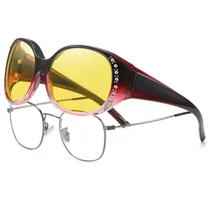 HAOLOTA Night Vision Driving Glasses for Women Anti Glare Fit Over Glasses Polarized HD Yellow Lens Sparkling Detailing Modern Frames Sunglasses