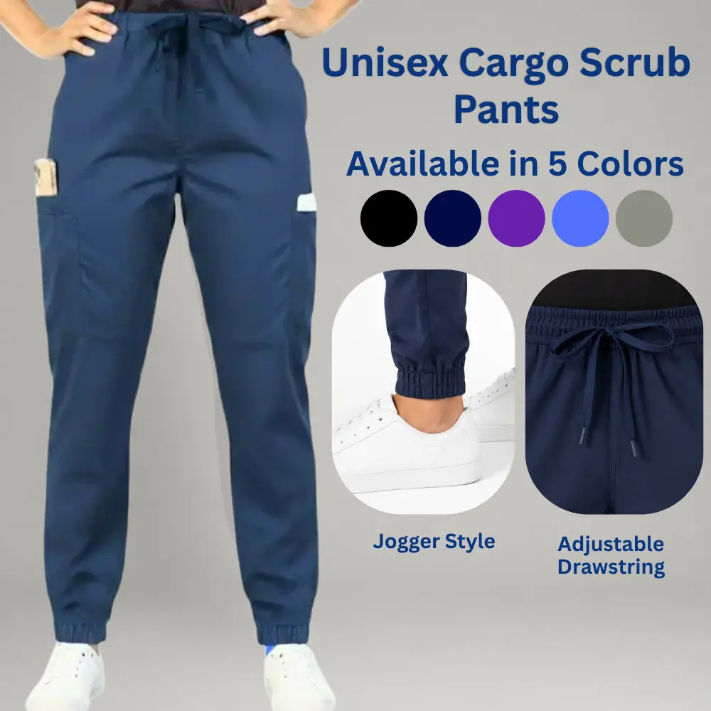 HEEDFIT Unisex Cargo Scrub Pants - Stylish Jogger Workwear Uniforms in Breathable Polyester-Cotton with an Adjustable Waist and Multiple Pockets, Menswear, Plain, Knit Bottoms, Back Pocket