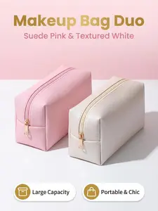 Large Capacity PU Makeup Bag, Gentle Girl Style, Zipper Closure Anti-Leak, Daily Travel Cosmetic Storage Pouch, Makeup Storage Organizer, Travel Beauty Bag