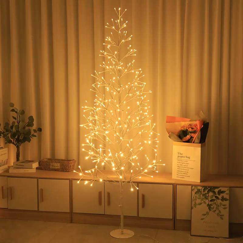 White Artificial Christmas Tree LED Post Light - 4-in/5-ft/6-ft Decorative Decoration Ornaments, 8 Dimming Modes, Ideal for Home Holidays, Weddings, Parties