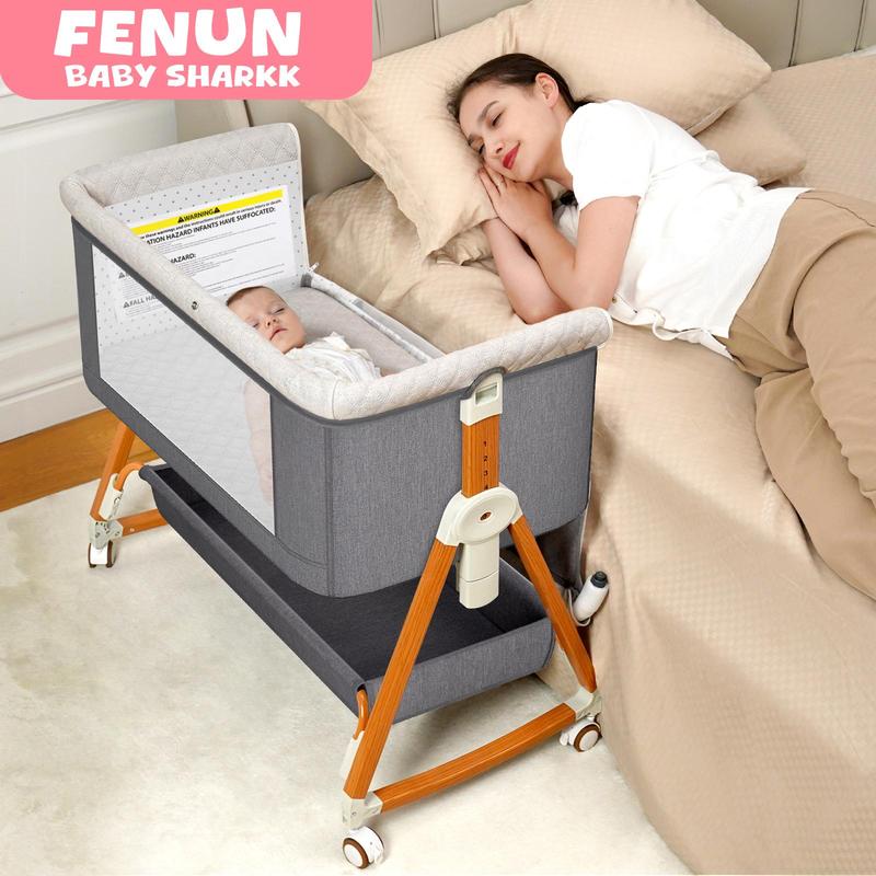 Baby Bassinet Sleeper, 6 Height Adjustable Cribs, Easy to Fold Portable Crib Side Bassinet, Swing Cradle Bed Side Sleeper with Ventilated Net&Wheels