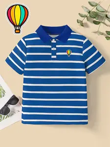 Summer Striped Short Sleeve Polo Shirt, Fun Colorful Hot Air Balloon Print, Perfect for Casual, Sports, Parties, School Activities