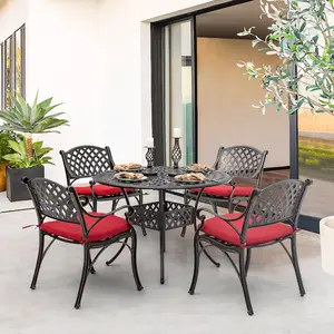 Nuu Garden 9 -Piece Black and Gold-Painted Patio Dining Set Aluminum round Table with 4 Red Cushions Stationary Chairs Nuu Garden