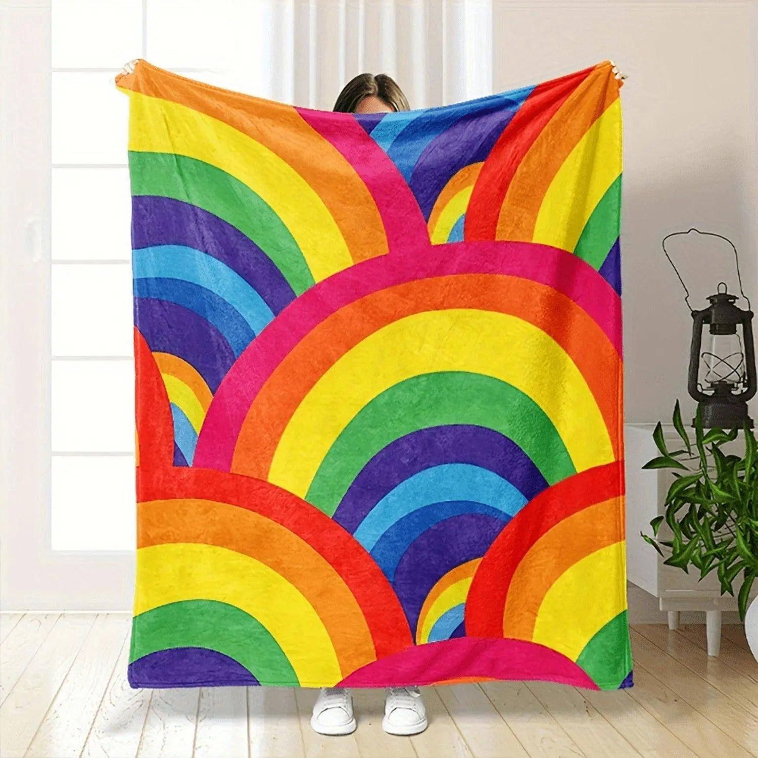 1pc Retro Rainbow Striped Flannel Blanket - Vibrant Color Block Design, All-Season Soft Machine-Washable Throw for Bed, Couch, or Home Decor, Blanket for Bed, Bed Cover, Modern Decor, Plush Texture, Gift Idea