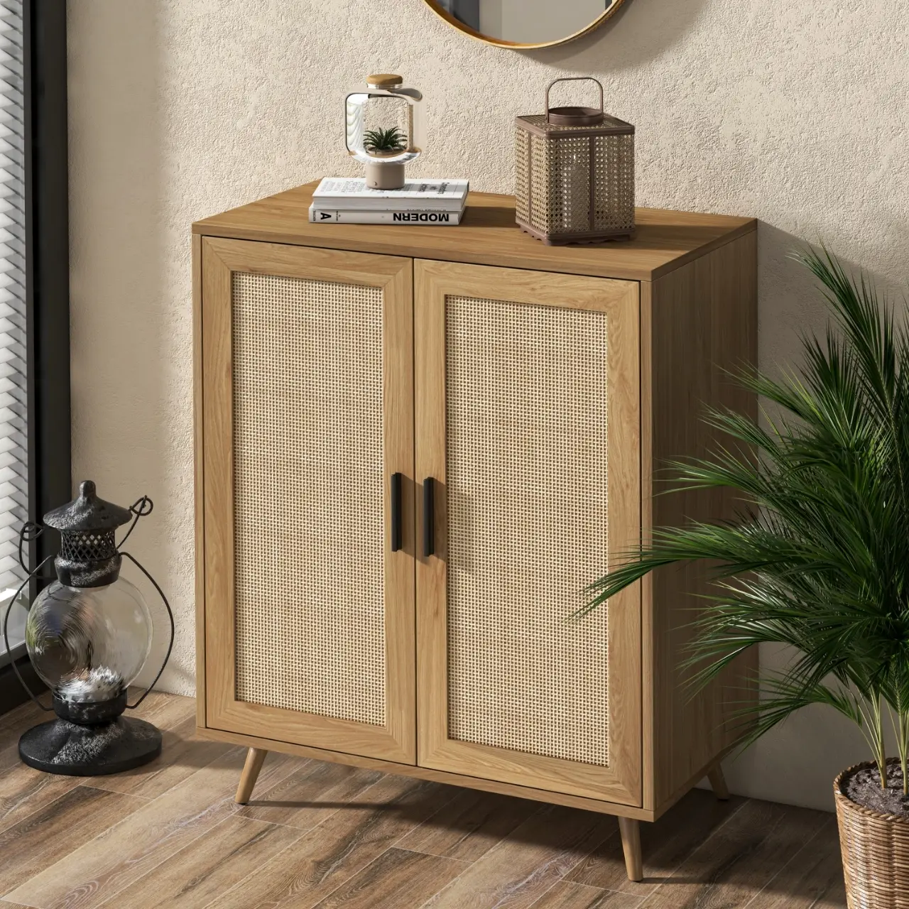 Topwin Natural Wood Accent Cabinet with Rattan Doors and Solid Pine Legs - Modern Home Furniture for Living Room, TV Stand, Apartment Indoor Cupboard
