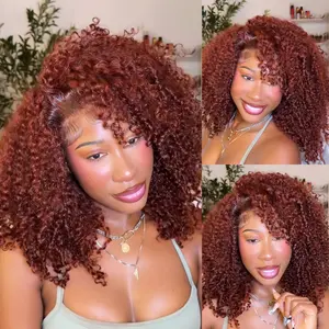 UNice 250% Density Reddish Brown Fluffy Afro Kinky Curly with Layered Finger Coil Ends Glueless 7x5 HD Lace Closure Human Hair Wigs No Slip Beginner-Friendly Natural Looking Summer Wig