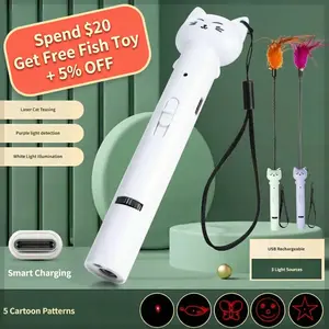 Rechargeable Laser Cat Toy with Feather Wand, Interactive Cat Teaser with 5 Light Patterns, USB Cat Play Wand for Indoor Cats, Multi Play Cat Toy with Bell Feather Attachment for Daily Exercise and Fun