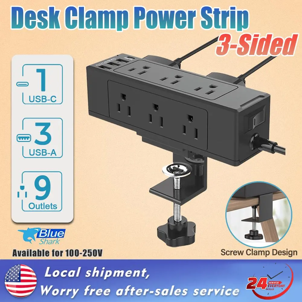 13-in-1 Desk Clamp Socket Desktop Power Strip Extension Cord With 9 Outlet 1 Type C 3 USB Fast Charge 1.8m Extension Wire Switch Heavy Duty Surge Protector Fireproof Desk Edge Mount