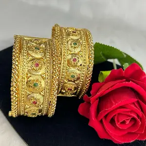 Beautiful Traditional Rajwadi Gold Bangles Set with Intricate Floral Designs and Gemstones