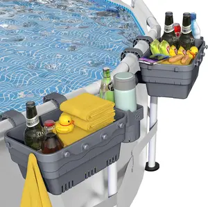 2026 Upgrade 2 Sets Poolside Storage Basket, Above Ground Pool Accessories, Swimming Pool Storage Basket with Cup Holder, Mesh Bag and Support Bar to Organize Towels and Pool Toys