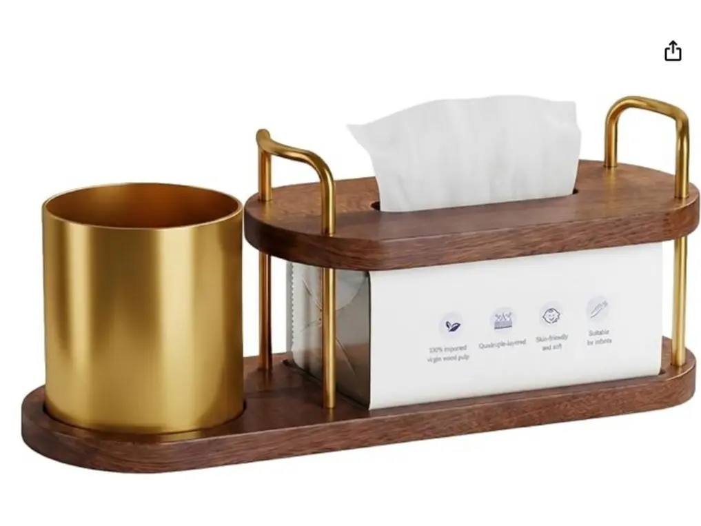 FSC-Certified Solid Wood Modern Rectangle Farmhouse Tissue Box Cover with Cup Holder, Compact Desk Storage Vanity Organizer with Polished Metal Handles for Bathroom, Bedroom (Gold, Easy Access Refillable)
