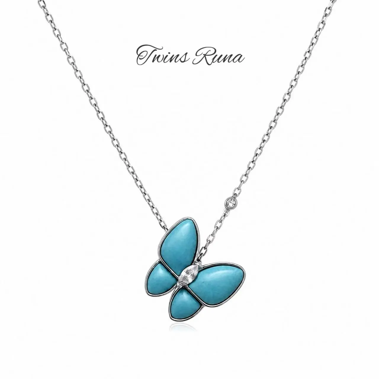 French vintage turquoise enamel butterfly necklace — cool jade-green fine chain, versatile for commuting, collarbone length