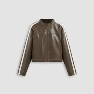 Cider [size 0-10] Faux Leather Stand Collar Side Stripe Pocket Zipper Jacket