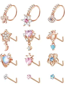 12 Pcs 20G Dangle Nose Rings and Studs for Women - Body Jewelry L Shaped Stainless Steel Hoops With Butterfly, Heart, Moon, Flower, Evil Eye, Crown CZ Dangling Piercing Jewelry
