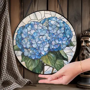 Blue Hydrangea Stained Glass Suncatcher Floral Window Hanging Botanical Flower Art Garden Lover Gift Home Decor
