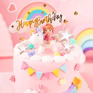 cake shed cake topper gender reveal Magical Unicorn Cake Decoration for Girls Rainbow Birthday Party Favors Durable Card Stock Cupcake Toppers with Stars & Flag Ornaments