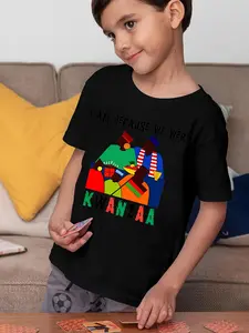 KWANZAA Series Boys & Girls African Heritage Graphic T-Shirt - "I Am Because We Are Kwanzaa" Slogan, Vibrant Pan-African Colors, Short Sleeve Round Neck Casual Top for Birthday Gifts & Casual Attire, Cultural Apparel for Kids, Holiday Gifts
