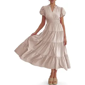 FMEYOA Womens Summer Midi Dress Puff Short Sleeve V Neck Flowy Tiered Beach A-Line Dresses Casual Womenswear