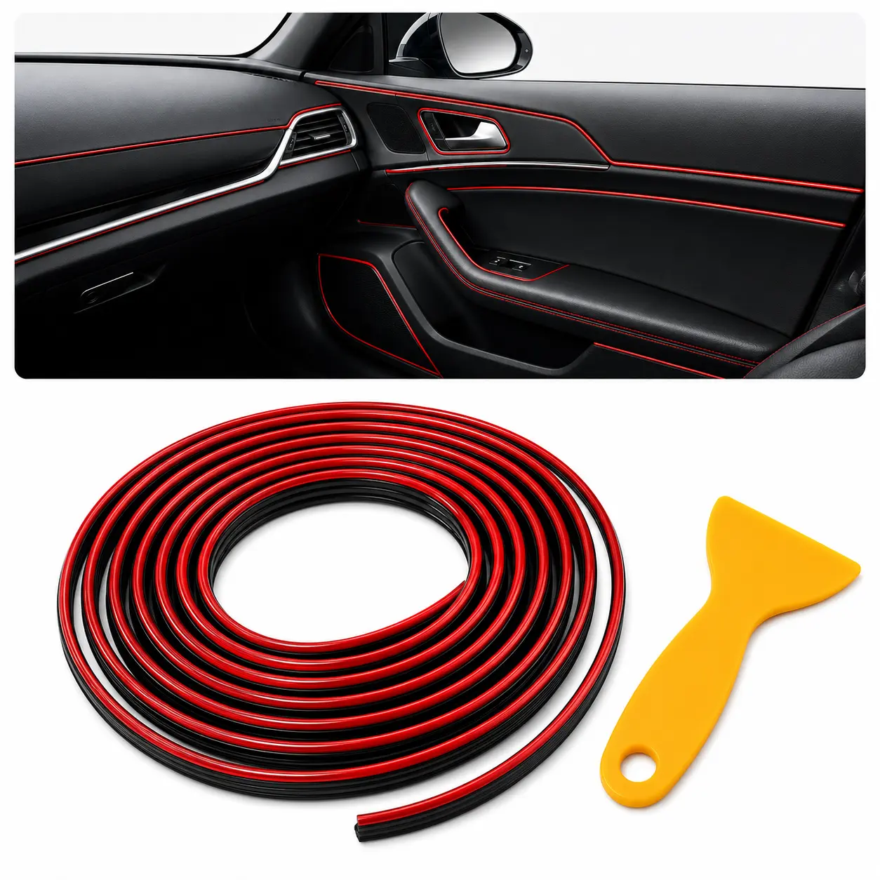 Car Interior Trim Strips, 16.4 FT Universal Flexible Electroplated Dashboard Door Gap Decorative Trim, T-Shaped PVC Interior Styling Strip with Installation Tool for Car Interior Accessories