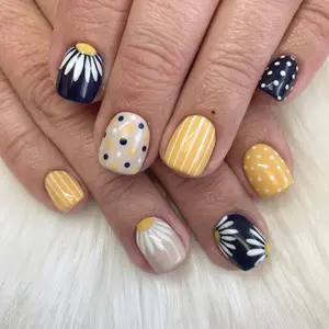 Sunflower Bliss Press-On Nails - Yellow, Navy, and White Floral Design with Dotted & Striped Patterns - Perfect for Summer, Chic and Trendy Press-On Manicure Set