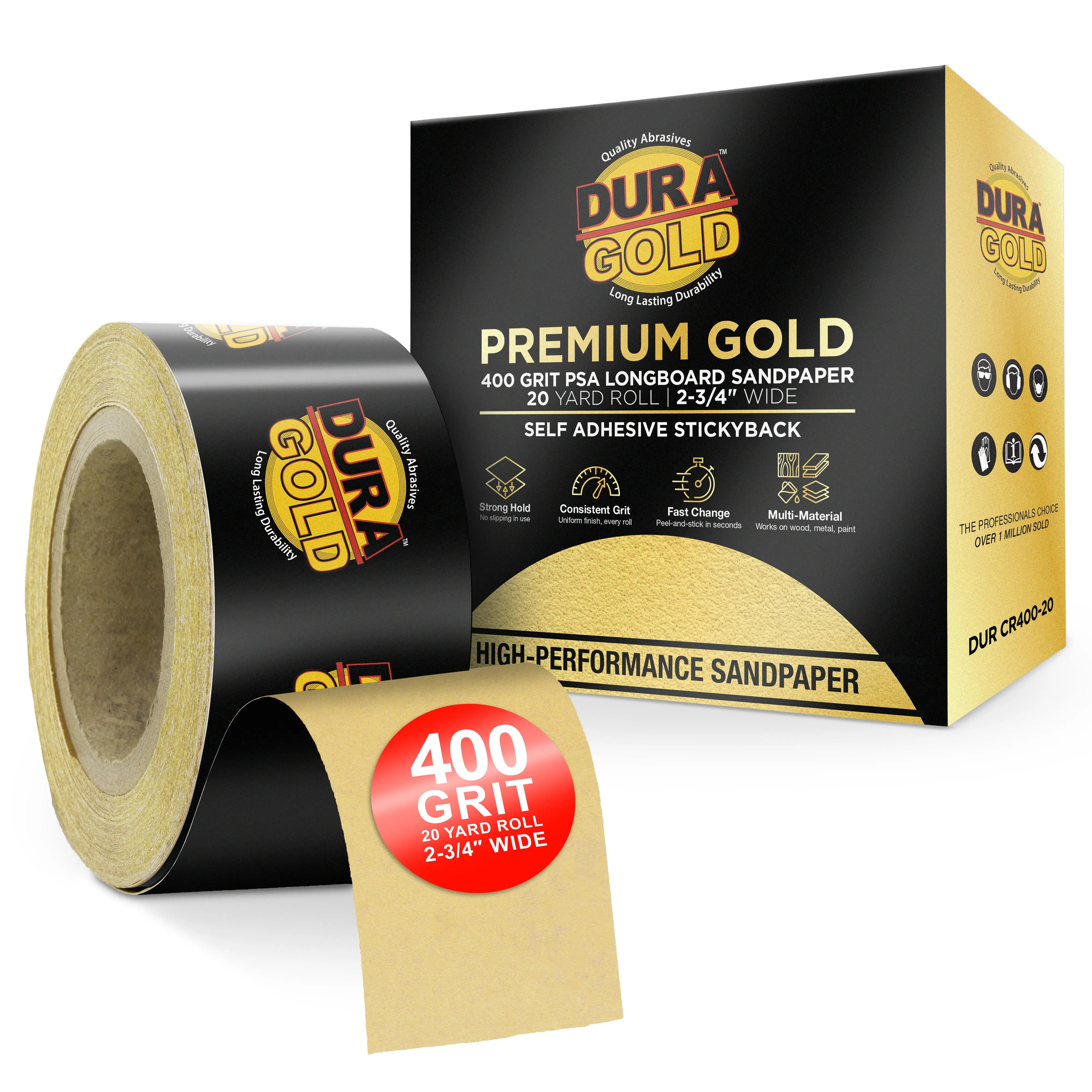 400 Grit Gold - Longboard Continuous Roll PSA Stickyback Self Adhesive Sandpaper 20 Yards Long by 2-3/4" Wide finishing product