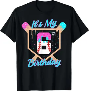 Baseball 6 Year Old Ice Cream Drip 6th Birthday Boy Number 6 T-Shirt - Crewneck Cotton Fabric Men Woman Young Boys Girl T-shirt