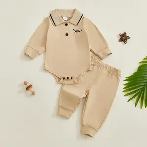 Baby Boy's Clothes Sets Dinosaur Pattern Long Sleeve Romper with Solid Color Pants 2Pcs Outfits