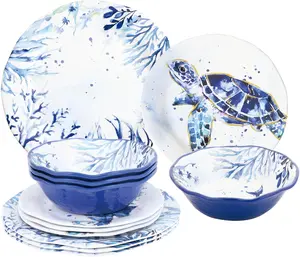 12 Piece Indigo Sea Life Melamine Dinnerware Sets, Outdoor Dishes Set, Plates and Bowls Sets, Service for 4, Blue