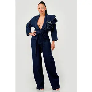 Dark Denim Ruffle Shoulder Jumpsuit with Belt Fitted Long Sleeve V-Neck Chic Style for Autumn Women's Wear Basic Overalls