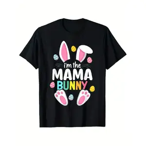 1pc Mama Bunny Easter T-Shirt - Funny Bunny Mama Graphic Tee with Bunny Ears & Paw Prints - Family Matching Outfit for Easter Egg Hunt, Birthday Party - Soft 180gsm Heavyweight Shirt - Sizes S-XXXL Oversized Tshirt