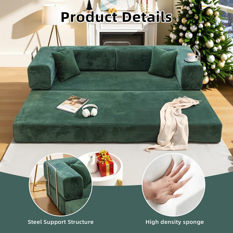 78.7'' Convertible Sleeper Sofa Bed with Cylindrical Pillow Corduroy Folding Mattress Couch Fixed-Shape Frame for Living Room Bedroom Studio Fully Assembled
