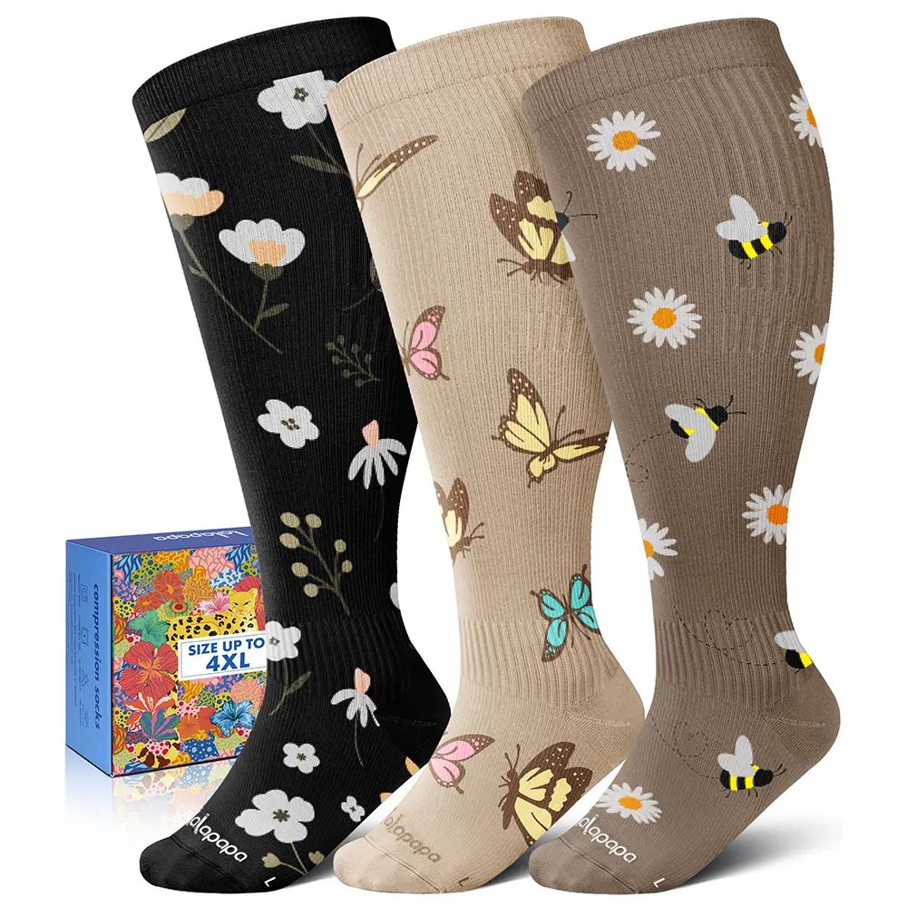 Lalapapa Women's Wide Calf Compression Socks, 3-Pair Plus Size 20-30mmHg Playful Sports Socks with Ankle Support, Easy On/Off for Travel, Nurses, Compression Socks Women