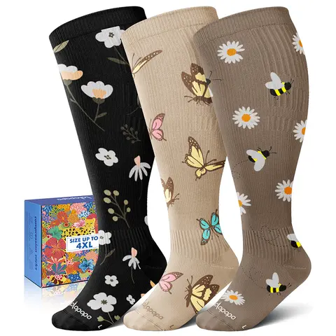 Lalapapa Women's Wide Calf Compression Socks, 3-Pair Plus Size 20-30mmHg Playful Sports Socks with Ankle Support, Easy On/Off for Travel, Nurses, Compression Socks Women,camping essentials