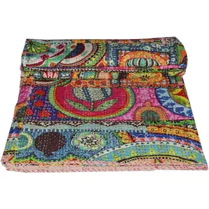 Indian Handmade Cotton Kantha Quilt Throw Blanket Bedspread Gudari (Twin Multi)