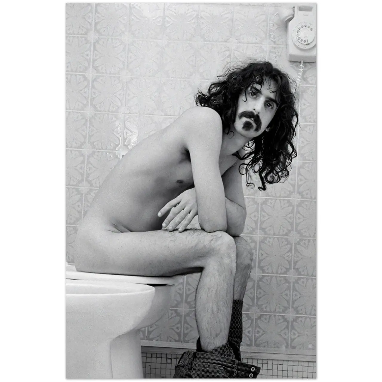 Frank Zappa Vintage Black-and-White Bathroom Portrait Art Print, Home Decor Wall Art Poster for Living Space Accent