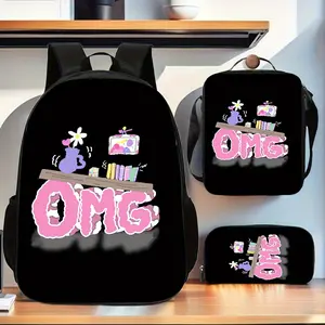 3-piece backpack set, with laptop compartment and crossbody bag - Large capacity backpack for school, college, and travel, comes with pencil case, cute "OMG" letter and book pattern design, adjustable shoulder straps, lightweight and durable polyester mat