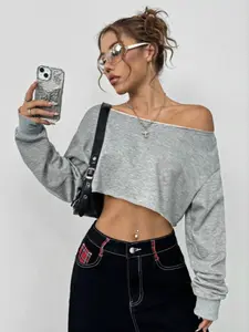 Women's Plain Asymmetrical Neck Crop Sweatshirt, Casual Style Long Sleeve Pullover for Daily Wear, Ladies Clothes for All Seasons