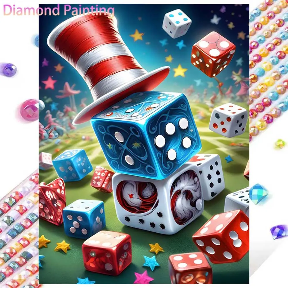 5D DIY Full Drill Round Diamond Painting - Diamond Painting Kit, Dice Hat Mosaic Canvas DIY Wall Art, Home Wall Decoration