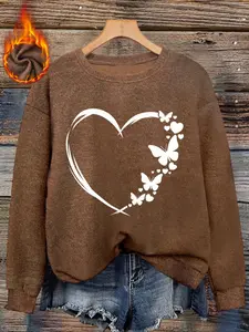 Women's Brown Heart and Butterfly Print Sweater - Soft crew neck pullover sweater, casual and elegant long-sleeved brown sweater for all seasons.