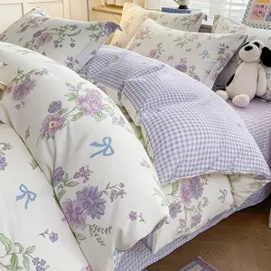 3Pcs Ultra-Soft Cotton-like Bedding Set, Includes 1 Duvet cover & 2 Pillowcases,Pink Purple Floral Design, Girls Room Decor, Soft Bedding Sets
